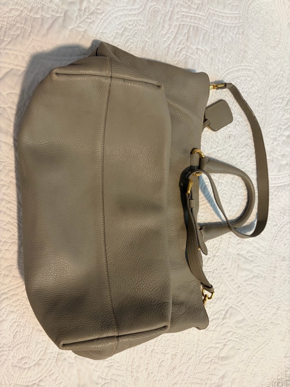 Prada Gray Taupe Pebbled Leather Tote with Gold Hardware - Picture 5 of 6